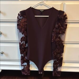 Express Women's Burgundy Bodysuit with Sheer Floral Sleeves